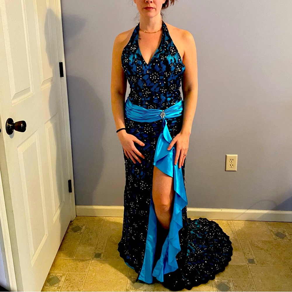 Prom blue dress with black lace and sequins size 6